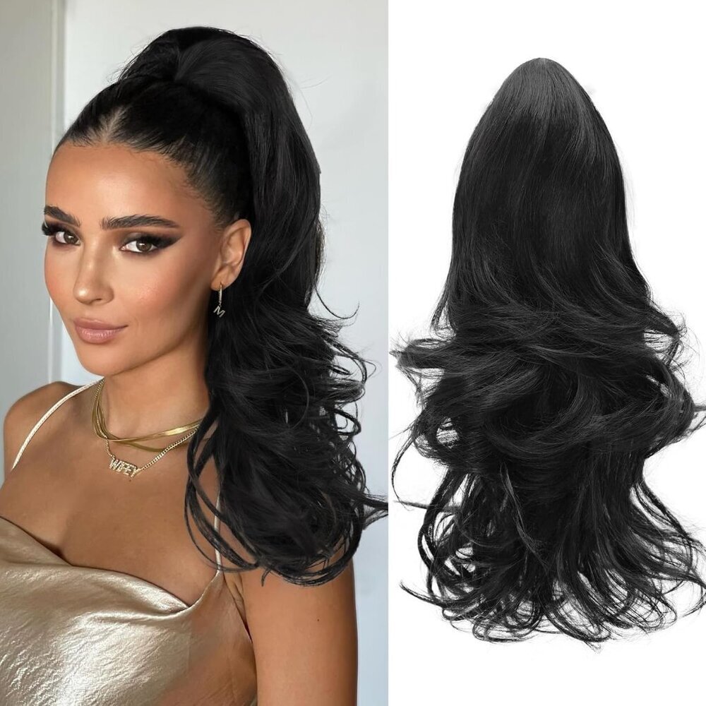 Black Synthetic Ponytail Extension 18 Inch Wavy Clip on Hairpiece for Women